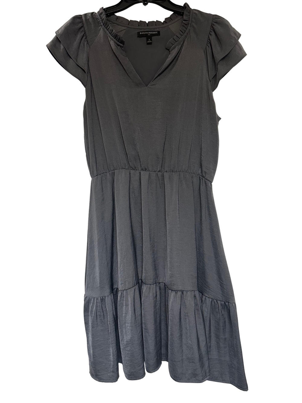 Banana Republic Gunmetal Satin Tiered Flutter Sleeve Dress Small